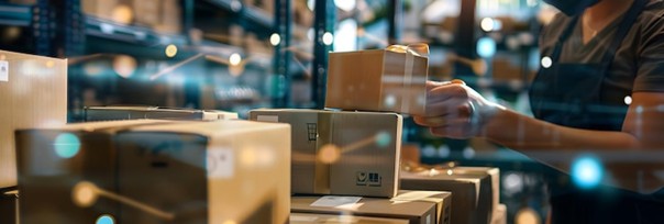 Verpackung von Sendungen im Logistiklager mit digitaler Erfassung für Expressversand